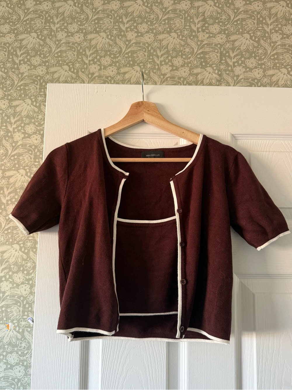 Madewell Brown Burgundy Short-Sleeve Cardigan with Cream Trim